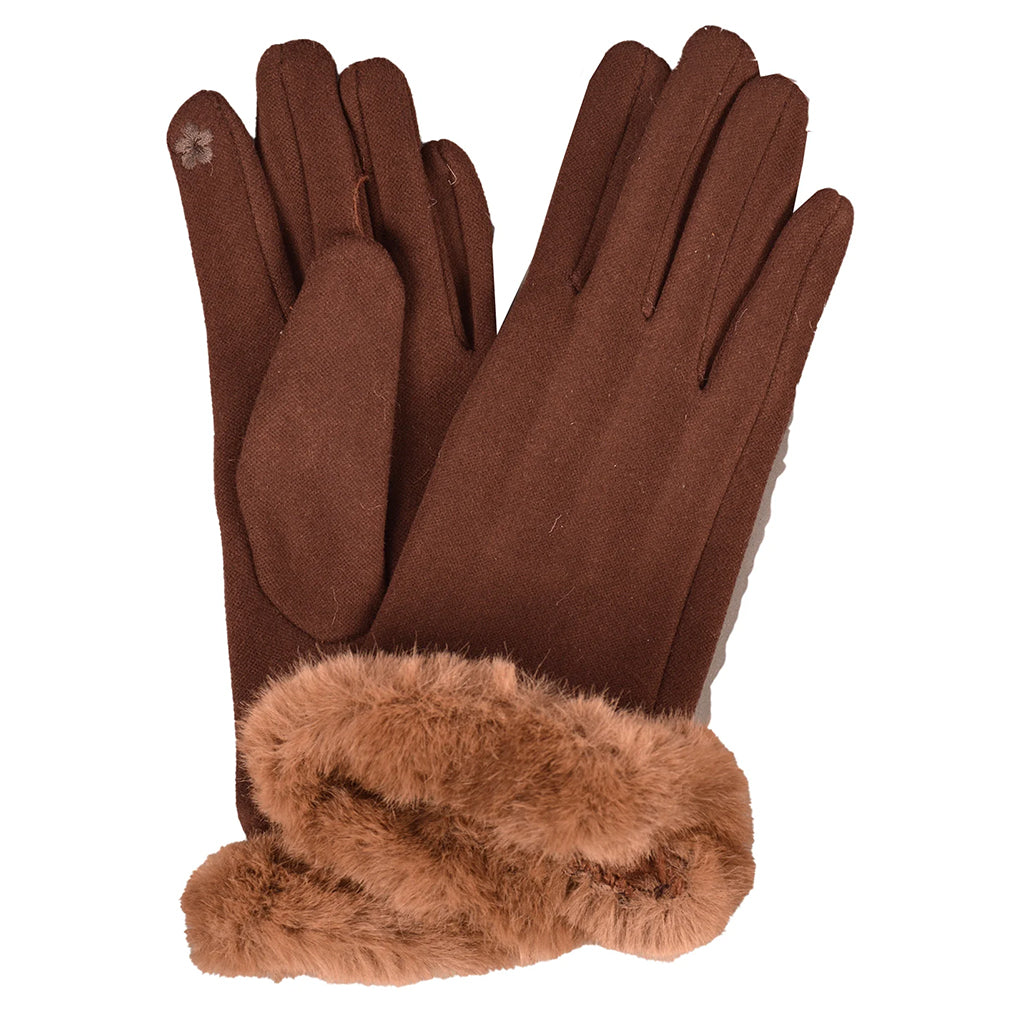 Faux Fur Trimmed Gloves Brown