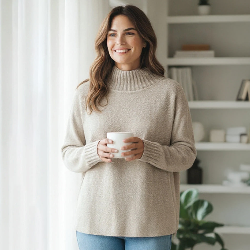 Rib Mock Neck Sweater Tan