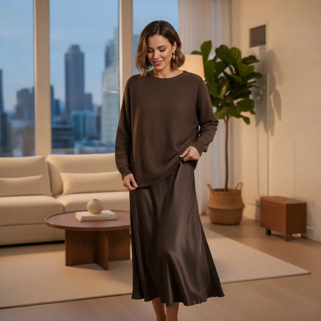 Bias Cut Satin Skirt Brown