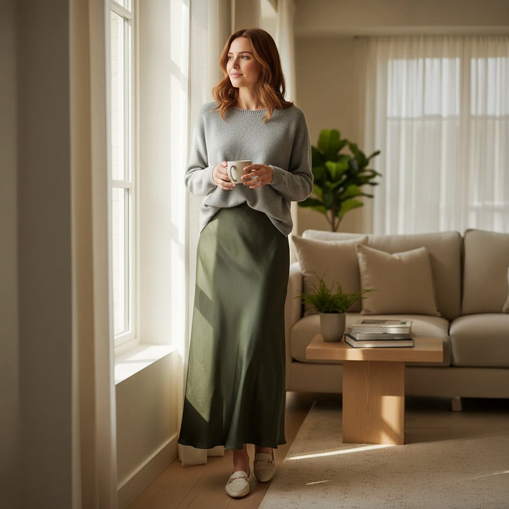 Bias Cut Satin Skirt Green