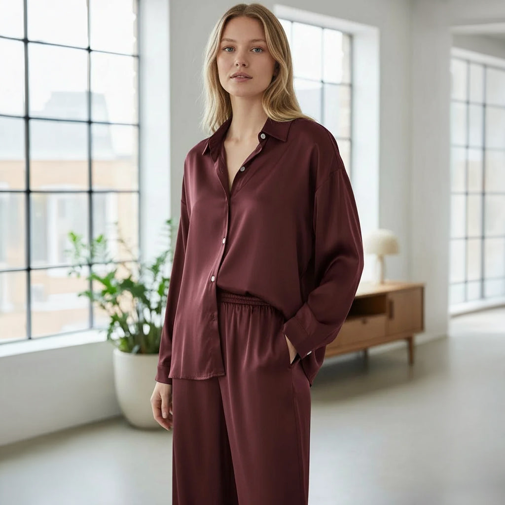 Satin Button Down Shirt Burgandy