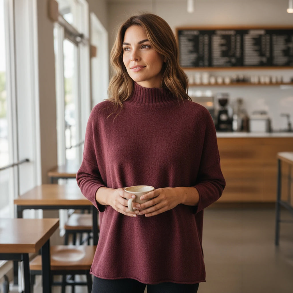 Rib Mock Neck Sweater Burgandy