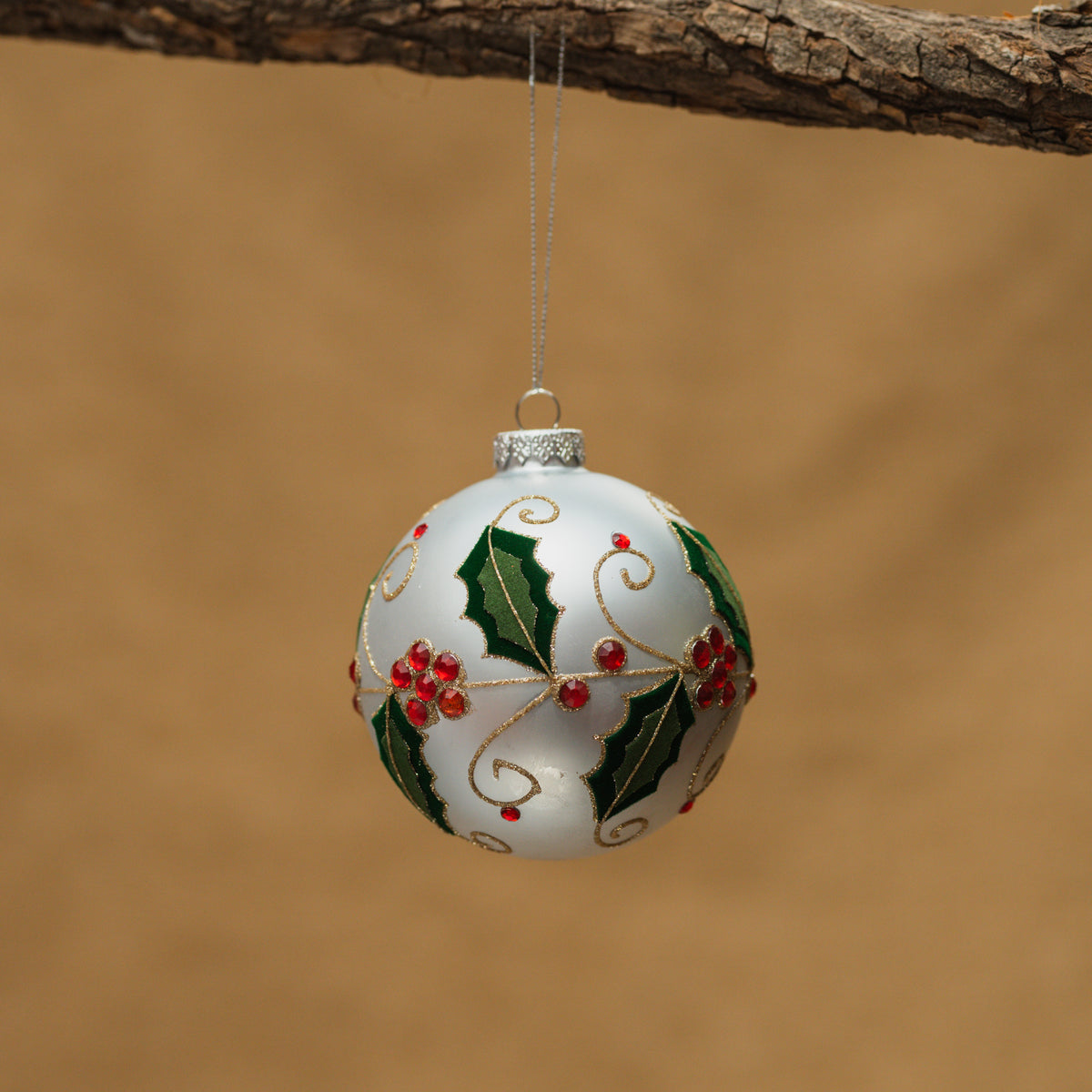 Frosted Holly Glass Ball Ornament