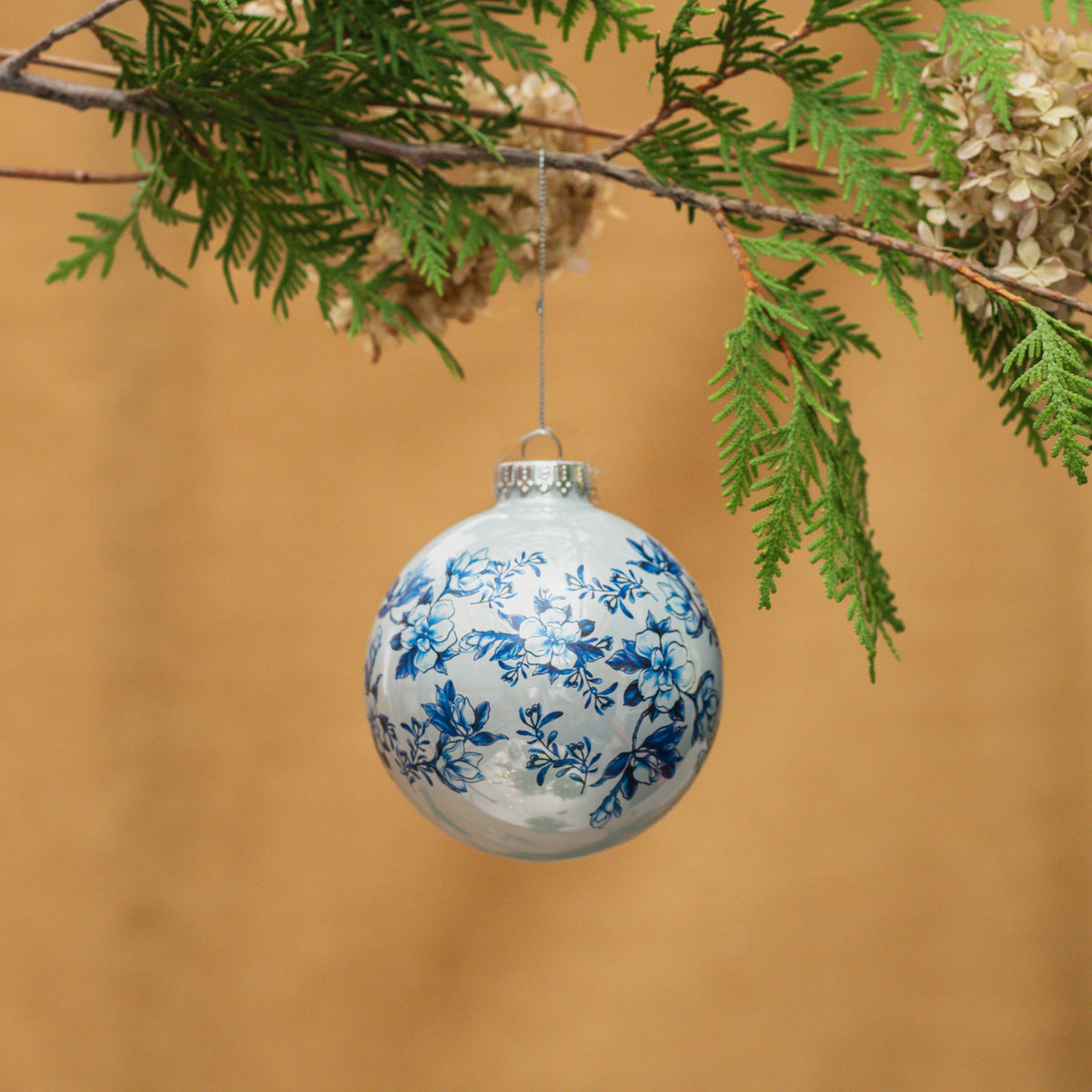 Blue Floral Glass Ball Ornament