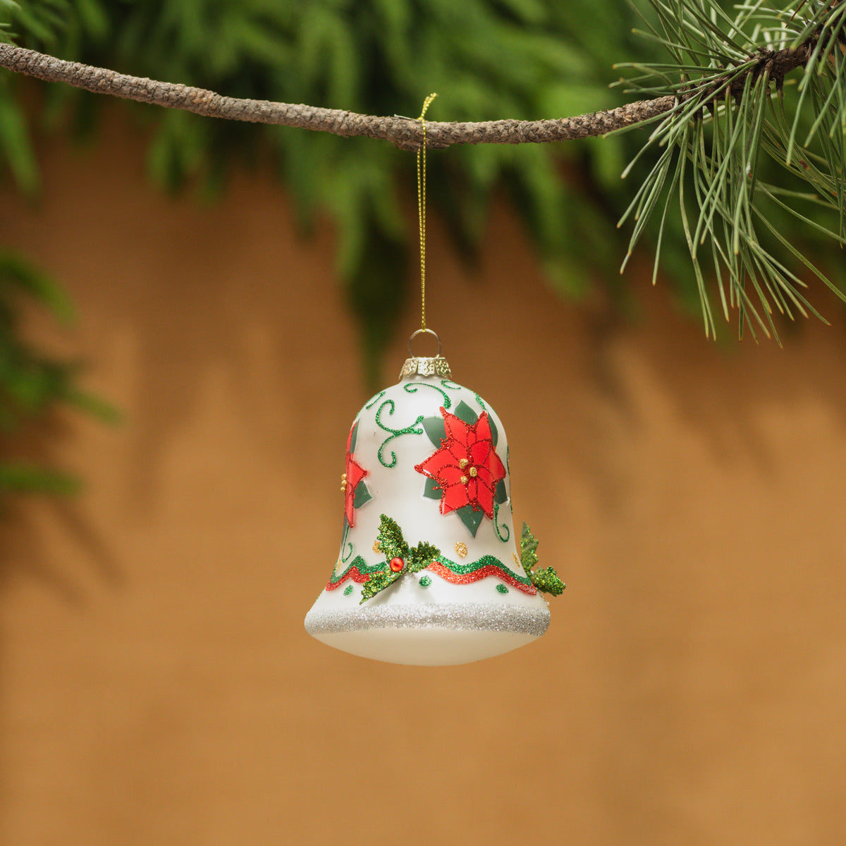 Poinsettia Bell Glass Ornament 4"