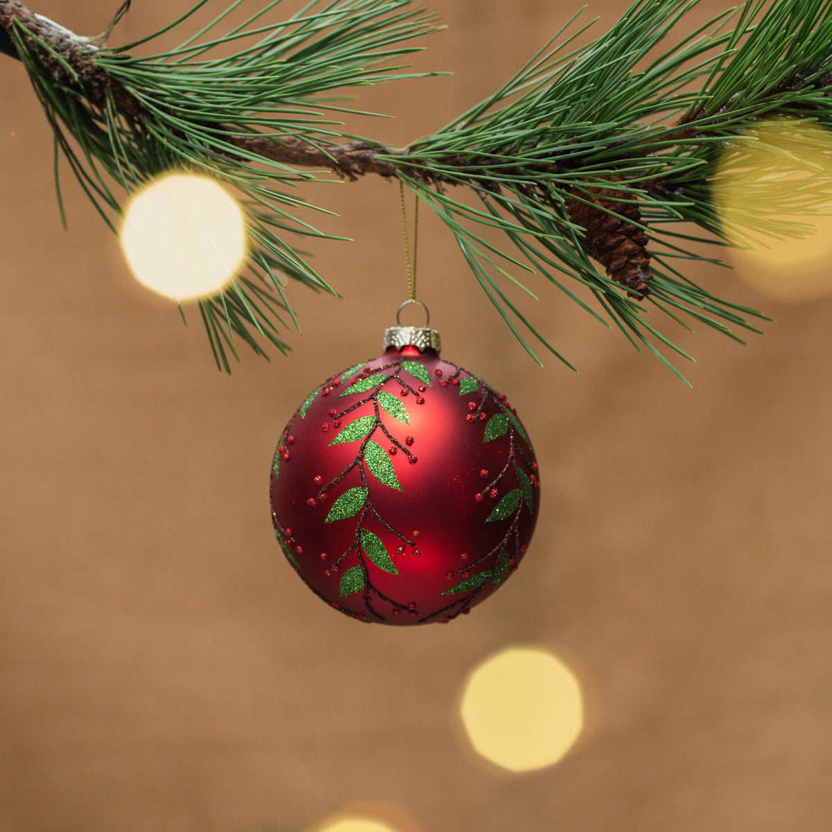Red Glass Ball with Leaf Design Ornament 100mm
