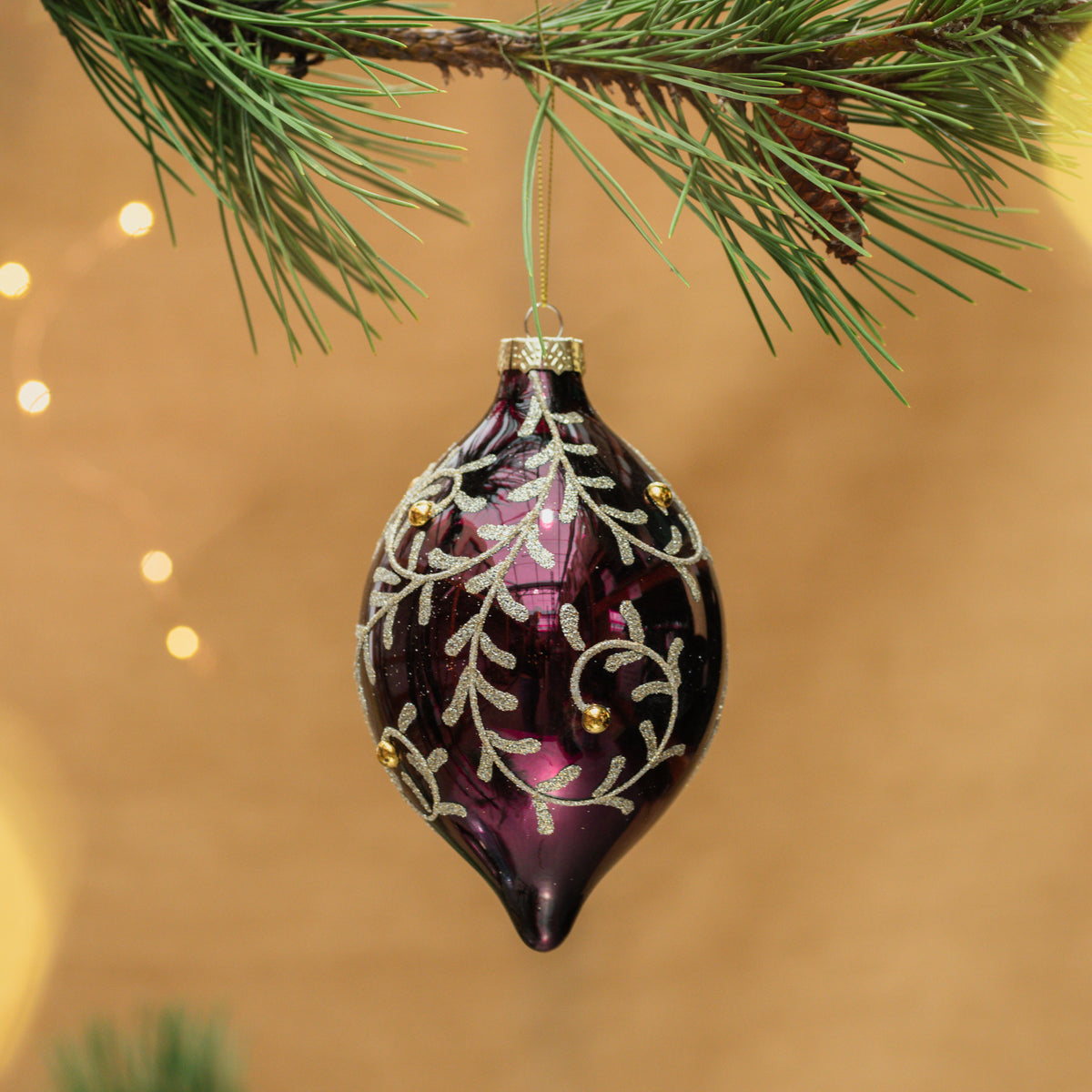 Plum Finial Glass Ornament with Gold Filigree 120mm