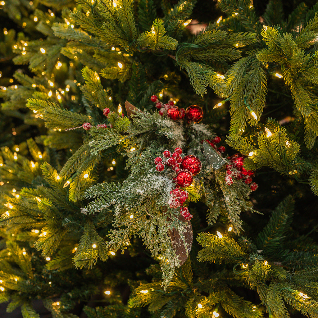 Snowy Pine & Red Ornament Spray