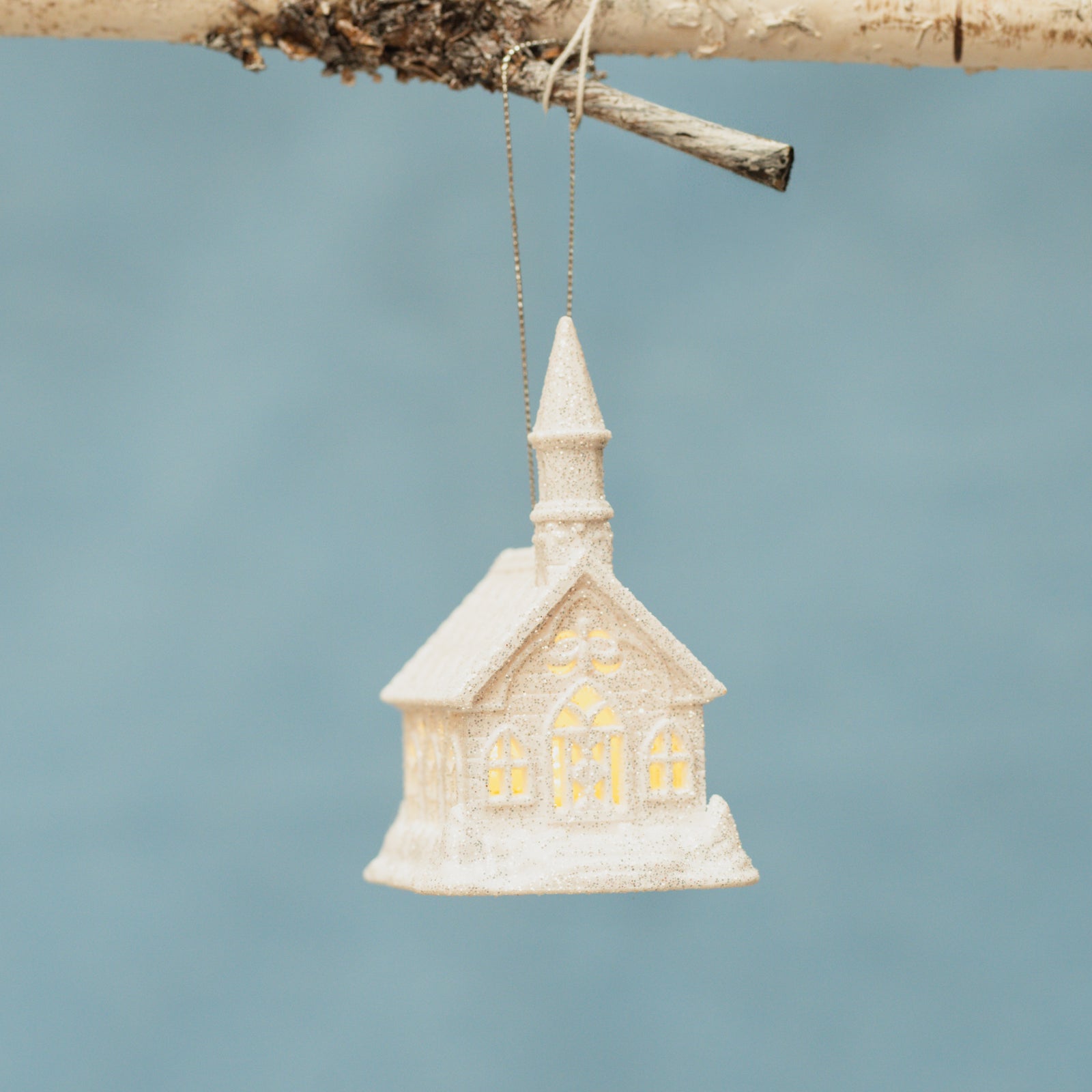 White Glitter Church LED Ornament 4"
