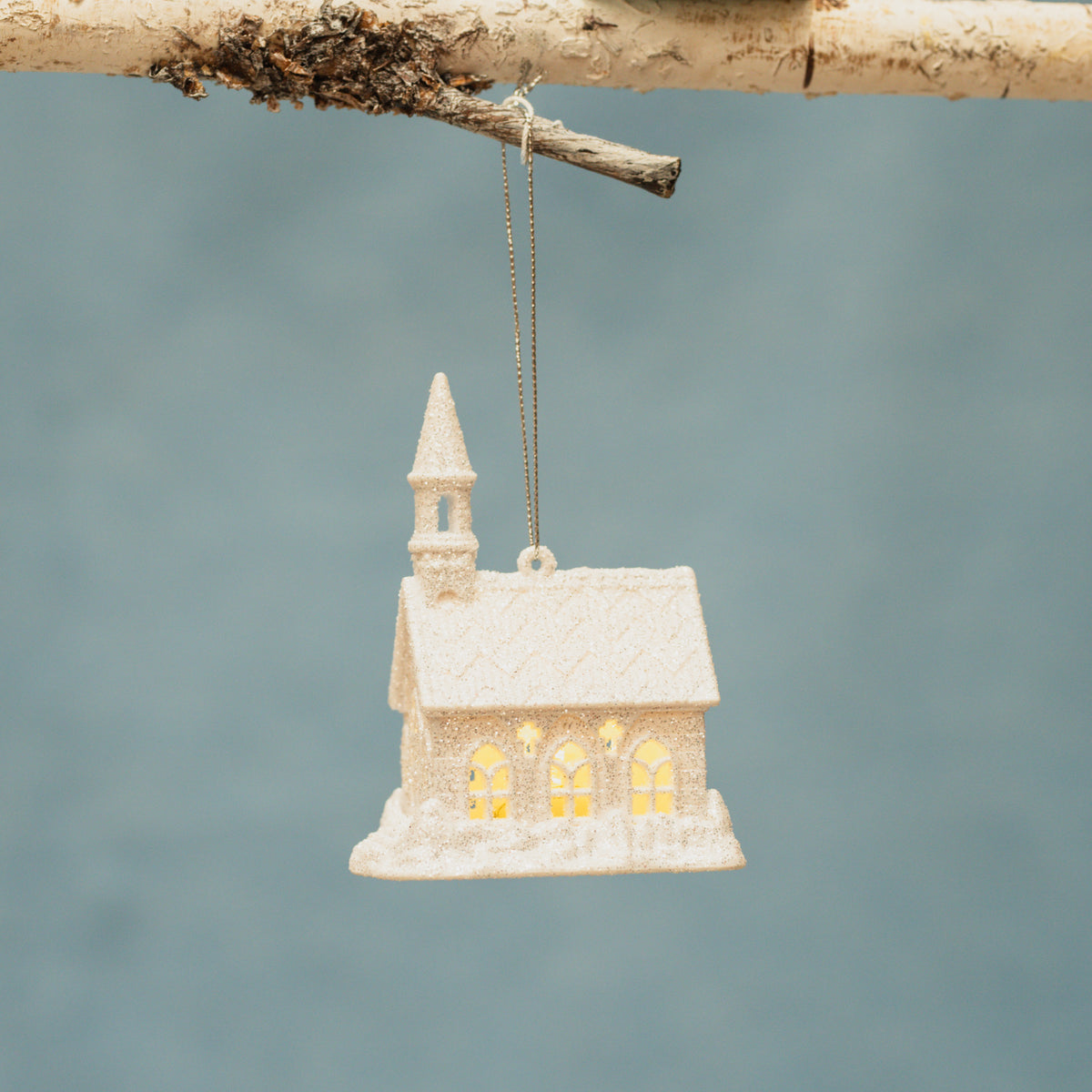 White Glitter Church LED Ornament 4"