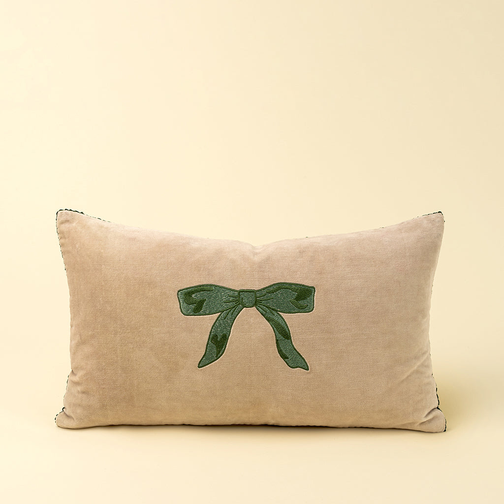 Green Velvet Bow Pillow 21x12"