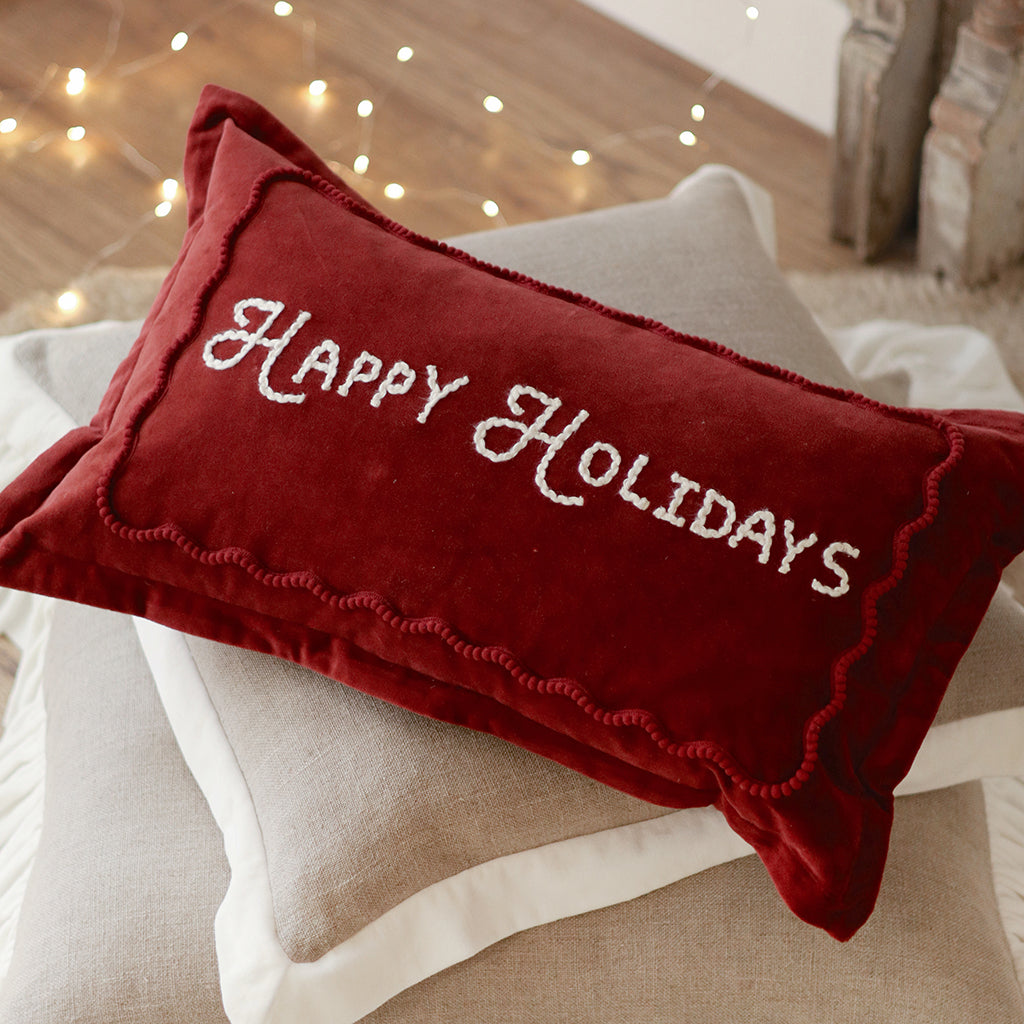 Red Happy Holidays Pillow 21x12"