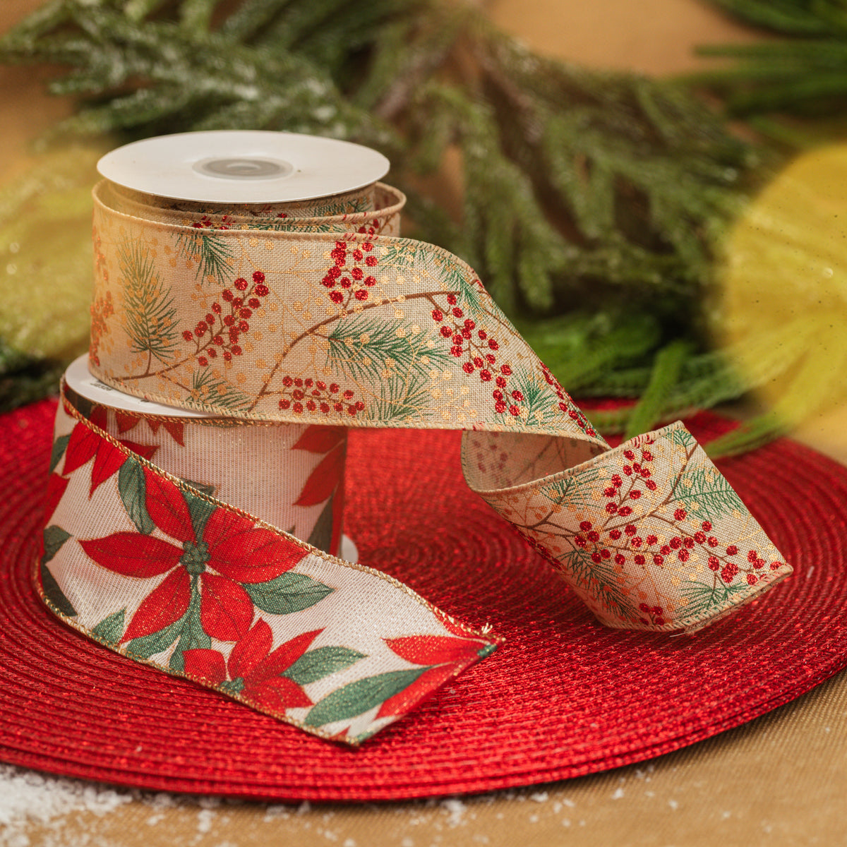 Natural with Pine Needles and Berries Wired Ribbon