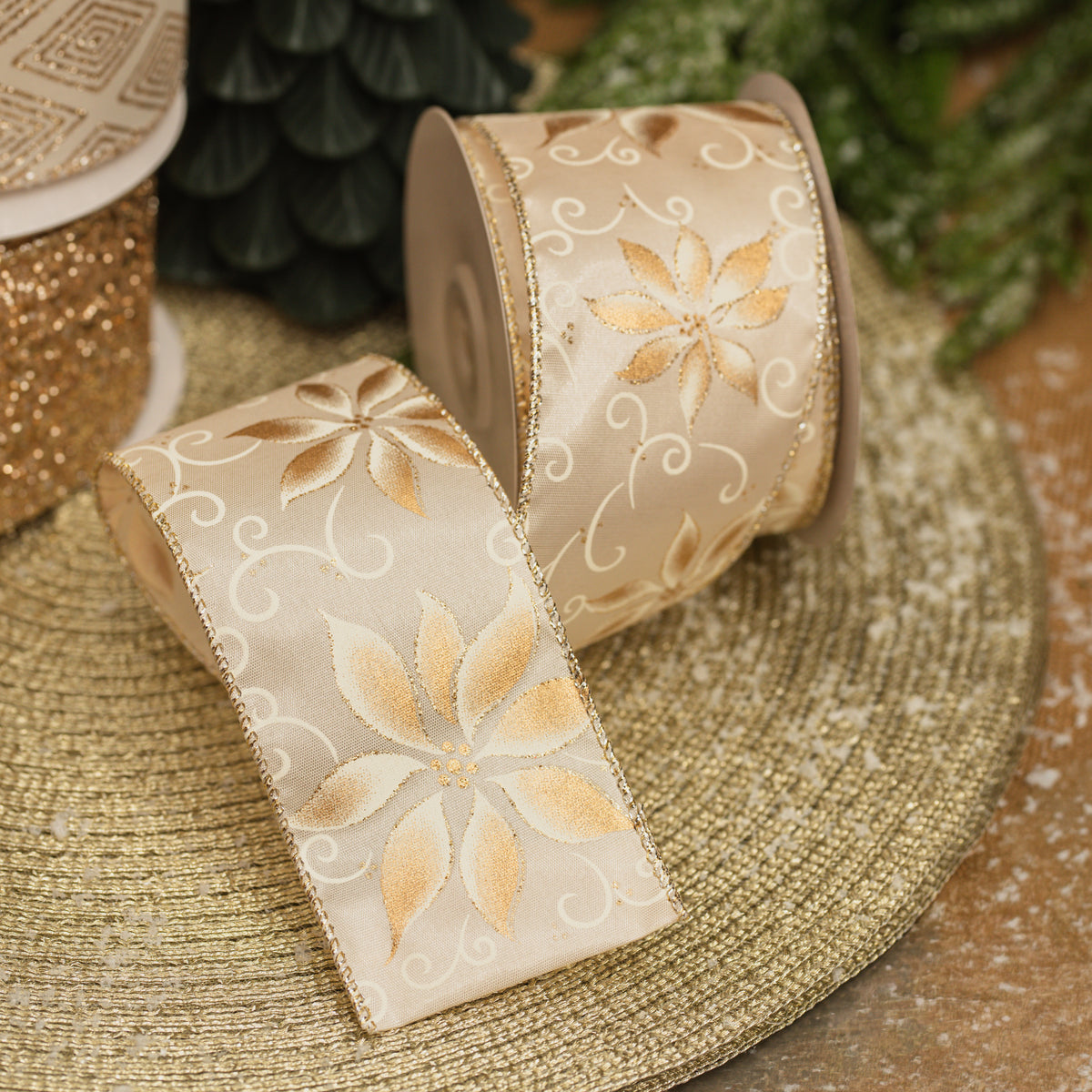 Ivory with Gold Poinsettia Wired Ribbon