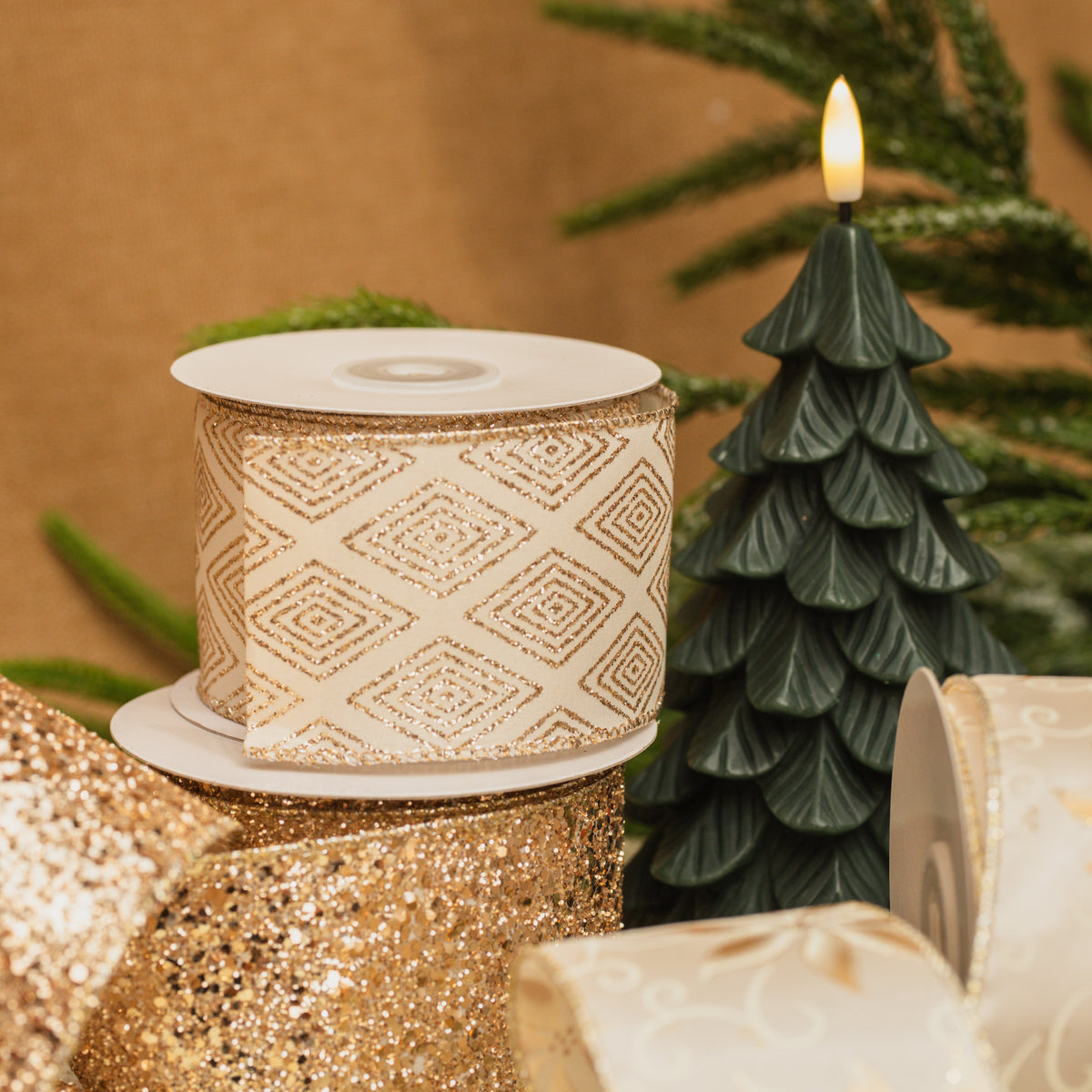 Ivory with Gold Glitter Diamond Wired Ribbon