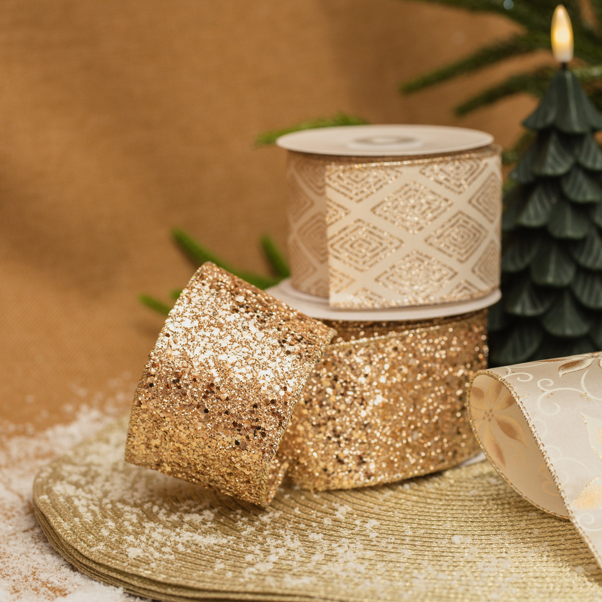 Champagne with Glitter Wired Ribbon