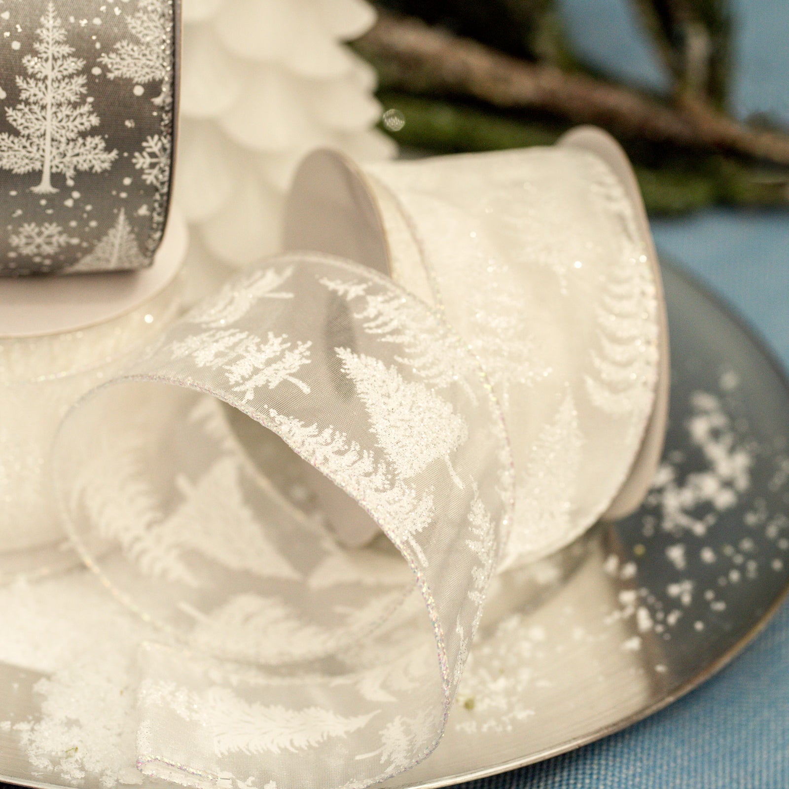 Sheer White with Trees Wired Ribbon