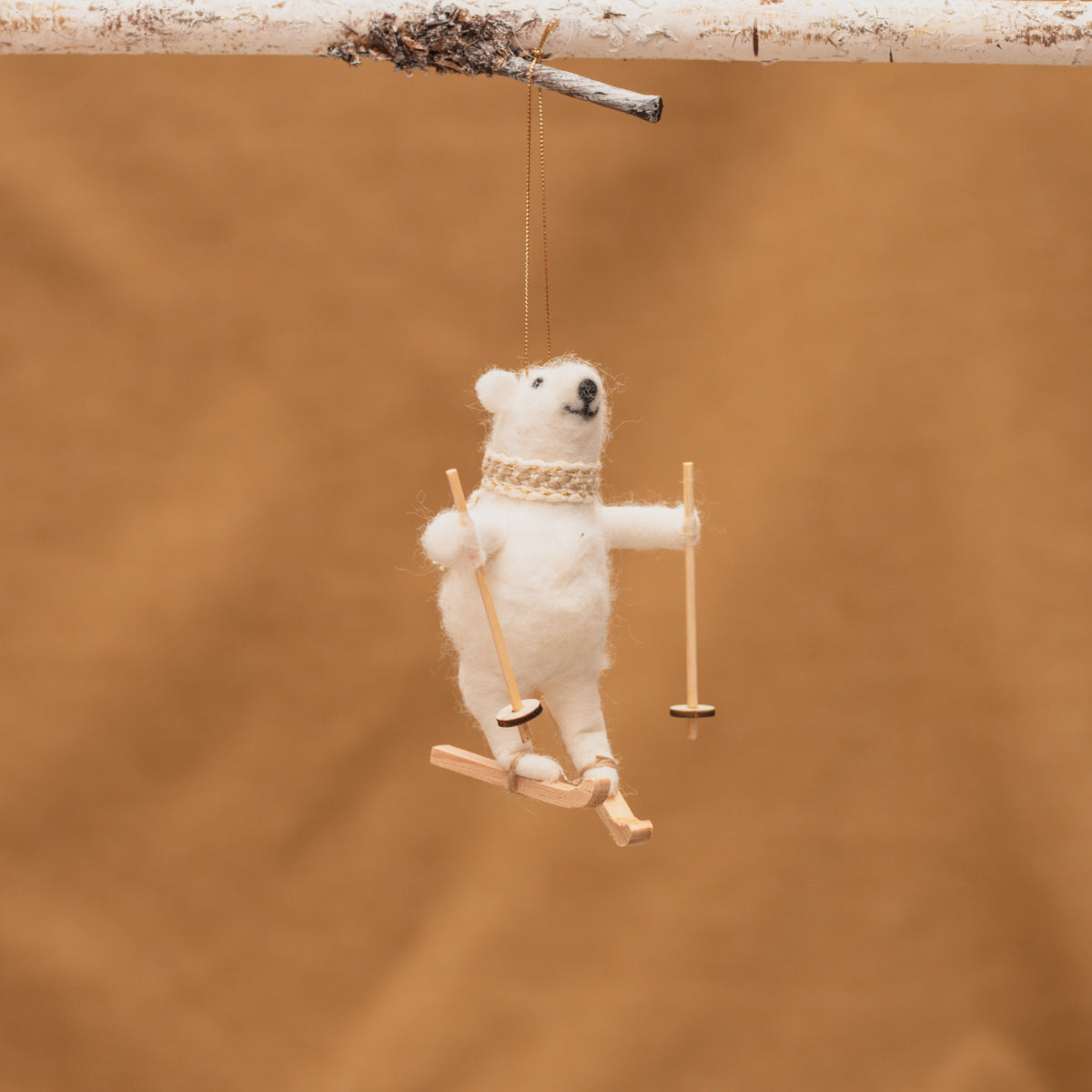 Skiing Bear with a Scarf Wool Ornament