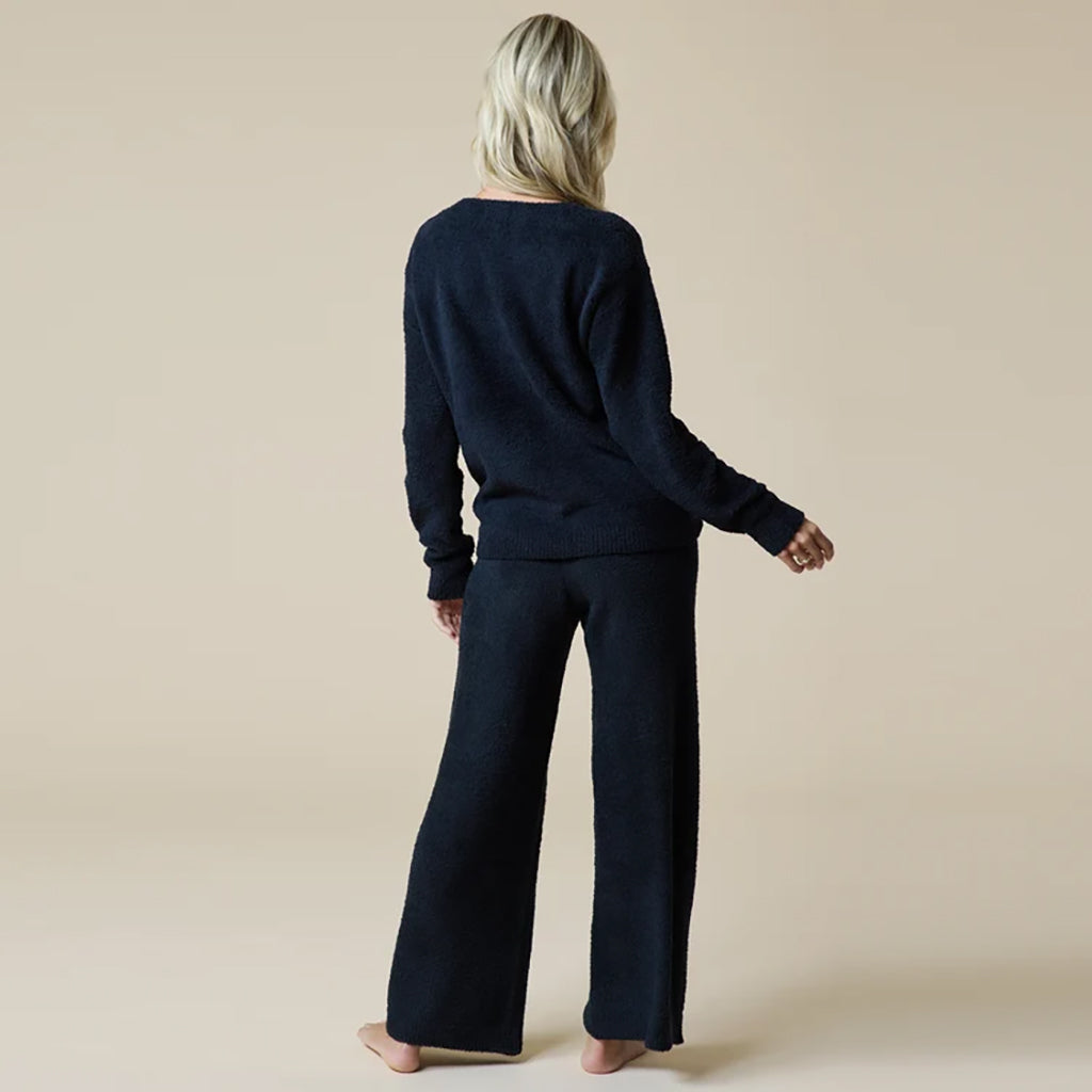 Solid Marshmallow V-Neck Loung Set Black