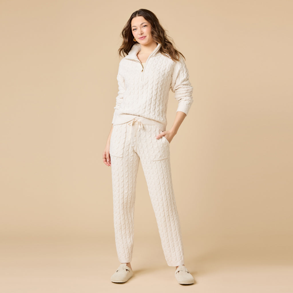 Cable Knit Marshmallow 1/2 Zip w/Tapered Pant Almond