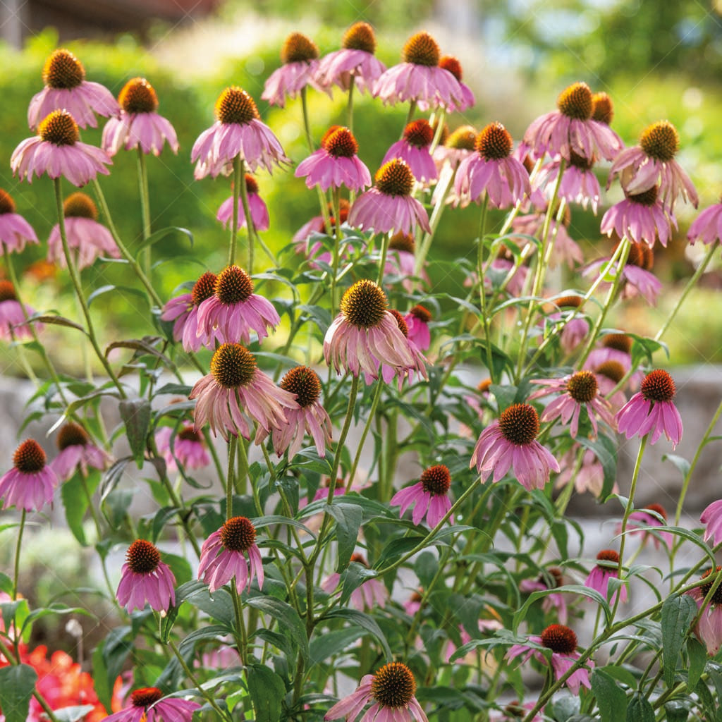 Immerse yourself in the vibrant beauty of the Eastern Purple Coneflower (Echinacea purpurea), a native treasure cherished for its striking blooms and ecological significance. From mid-summer to mid-fall, this exceptional plant captivates with its slightly fragrant, magenta petals that surround an inviting orange cone, attracting bees, butterflies, and hummingbirds to the garden.