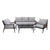 As part of the Alica Collection, this deep seating four-piece set adds dimension and flare with contrasting accents and tones. Crafted black aluminum frames with grey cushions and beige string accents, this set is made to last while creating a gentle outdoor focal point. The sofa measure 70in x 33.1in x 31.9in, chairs 26.8in x 33.1in x 31.9in, and table 43.3in x 23.6in x 16.5in.