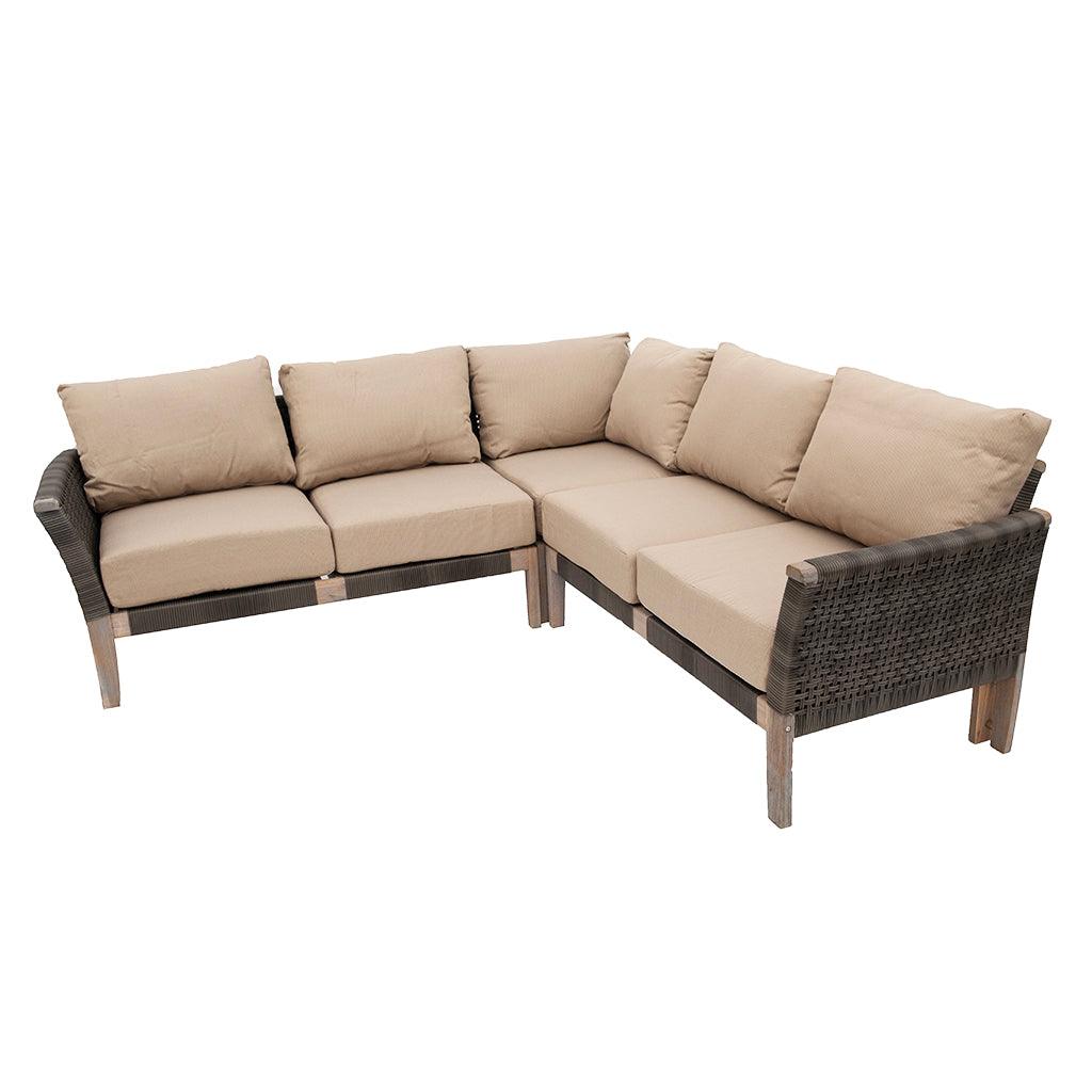 With beige, custom-made cushions this sofa set is adds beauty and contrast into any outdoor living area. With interwinding resin wicker and a sturdy frame, this set is made to last year after year. 