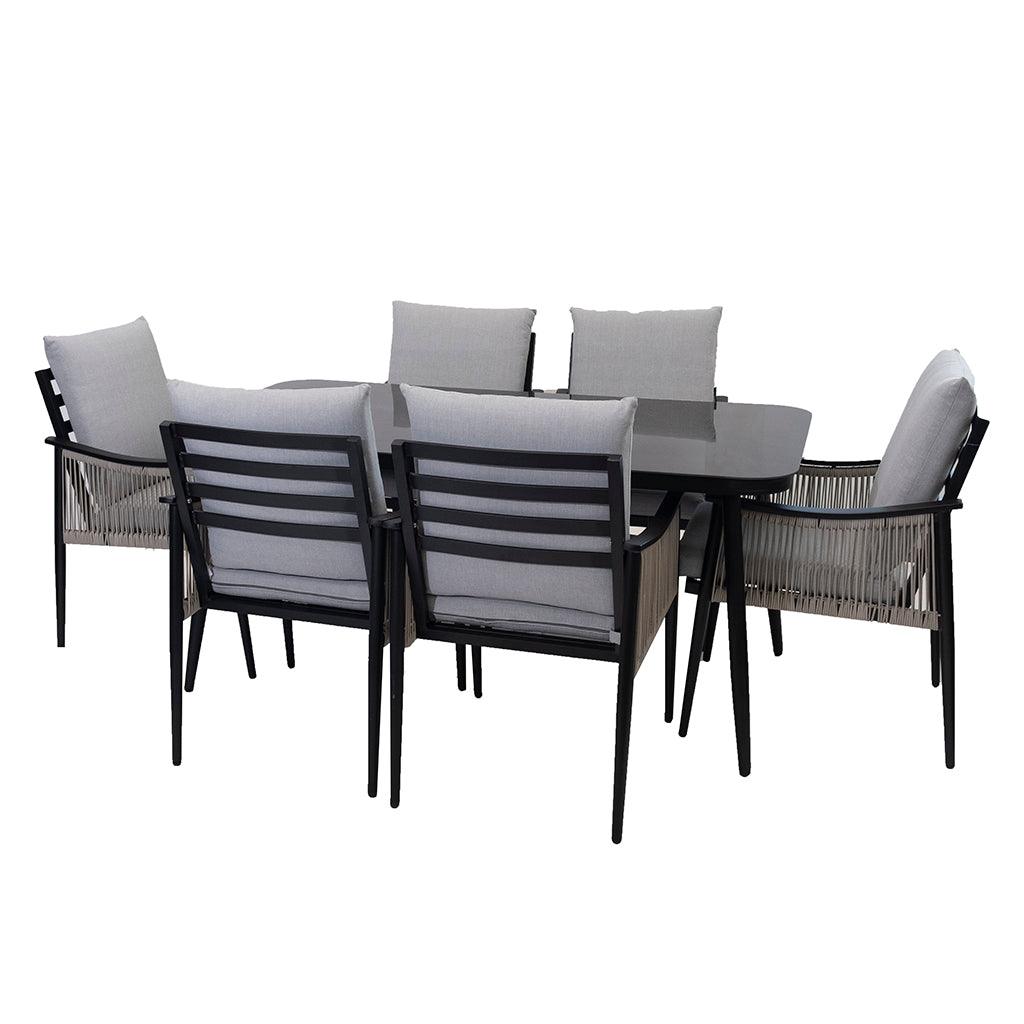 Gather around with the elegant Alica Collection seven-piece set. Crafted aluminum black frames with a glass-top finish makes this set extremely easy to care for and lasts year over year. With light grey, custom-made cushion and beige accenting strings, this set provides maximum comfort and functionality. The table measure 63in x 35.4in x 29.1in. Chairs measure 26.4in x 20.9in x 33.5in.