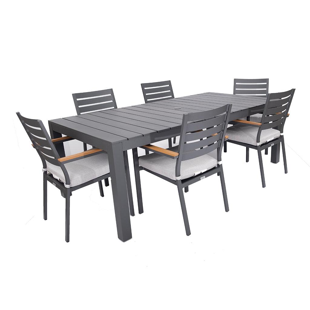 Indulge in the ultimate luxurious outdoor dining experience with the Coronado Dining 7 Piece Set. With its graphite and teak-coloured aluminum finish, it exudes sophistication and elegance, while the custom-made Lifeguard Dove cushions provide comfort and functionality with its Velcro straps. Chairs measure 37.5in H x22.5in W x 24.4in D and the table at 29.5inH x 83.9in L x 43.9in W, comfortably seating six to eight people.