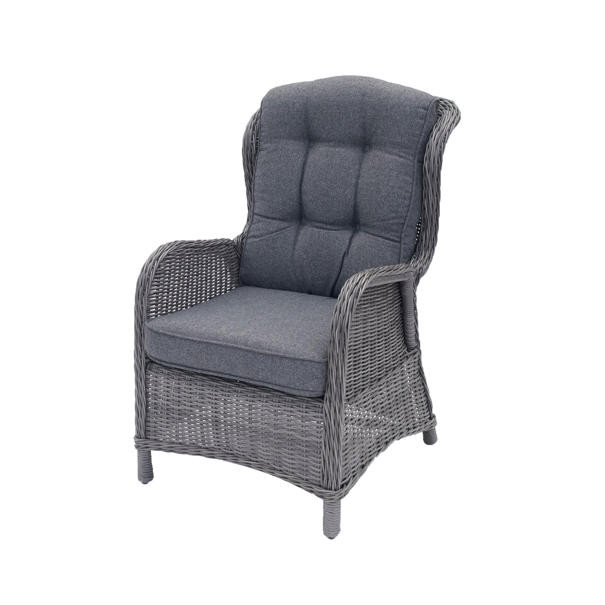 This exquisite chat set includes two reclining chairs, two ottomans, and one side table, all with a stunning aluminum frame and resin wicker in Anthracite and Dark Grey cushions. The chairs measure 34.6in x 24.8in x 40.5in, the footstools are 20in x 19.6in x 14.6in, and the table is 19.6in x 21.6in.