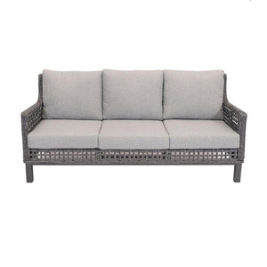 Constructed with aluminum frames, resin wicker in Anthracite, and custom-made cushions in Light Grey, the New Haven Sofa Set four Piece is ideal for any outdoor space. Adding light grey tones into any outdoor living space, this set is made to last year after year. Each piece measures 72.6in x 32.3in x 34in (sofa), 26.6in x 32.3in x 34in (chairs), and 52in x 28.3in x 34in (table).