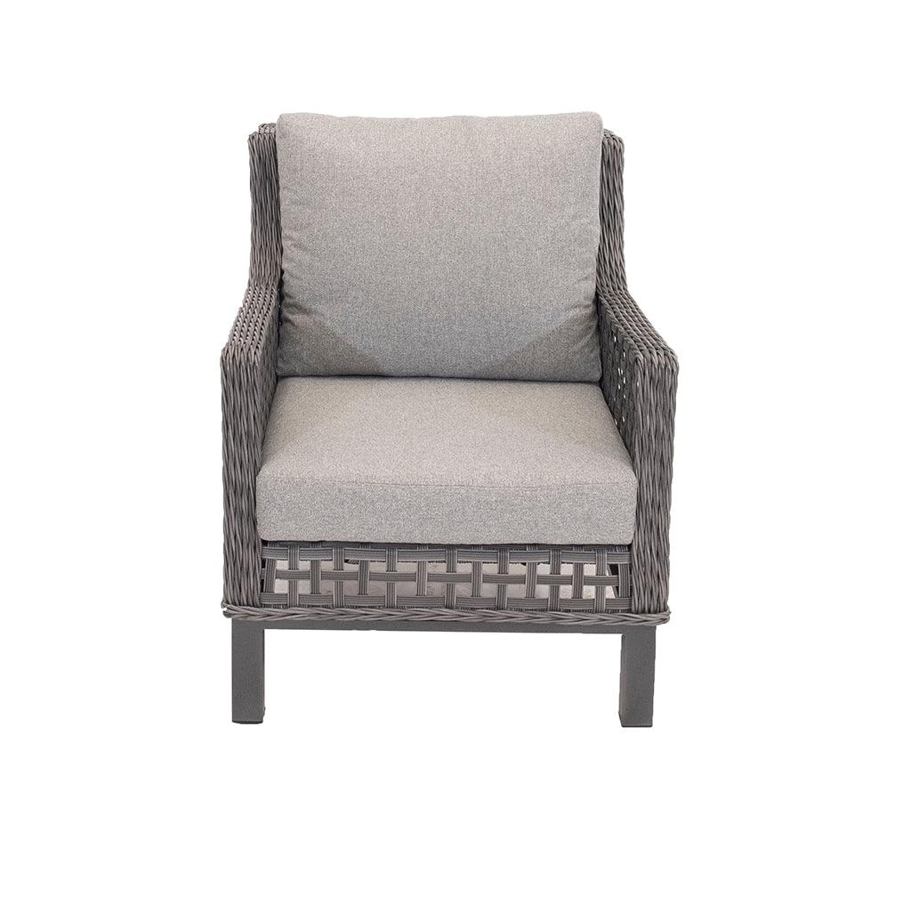 Constructed with aluminum frames, resin wicker in Anthracite, and custom-made cushions in Light Grey, the New Haven Sofa Set four Piece is ideal for any outdoor space. Adding light grey tones into any outdoor living space, this set is made to last year after year. Each piece measures 72.6in x 32.3in x 34in (sofa), 26.6in x 32.3in x 34in (chairs), and 52in x 28.3in x 34in (table).