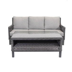 Constructed with aluminum frames, resin wicker in Anthracite, and custom-made cushions in Light Grey, the New Haven Sofa Set four Piece is ideal for any outdoor space. Adding light grey tones into any outdoor living space, this set is made to last year after year. Each piece measures 72.6in x 32.3in x 34in (sofa), 26.6in x 32.3in x 34in (chairs), and 52in x 28.3in x 34in (table).