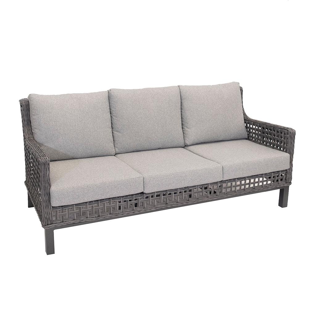 Constructed with aluminum frames, resin wicker in Anthracite, and custom-made cushions in Light Grey, the New Haven Sofa Set four Piece is ideal for any outdoor space. Adding light grey tones into any outdoor living space, this set is made to last year after year. Each piece measures 72.6in x 32.3in x 34in (sofa), 26.6in x 32.3in x 34in (chairs), and 52in x 28.3in x 34in (table).
