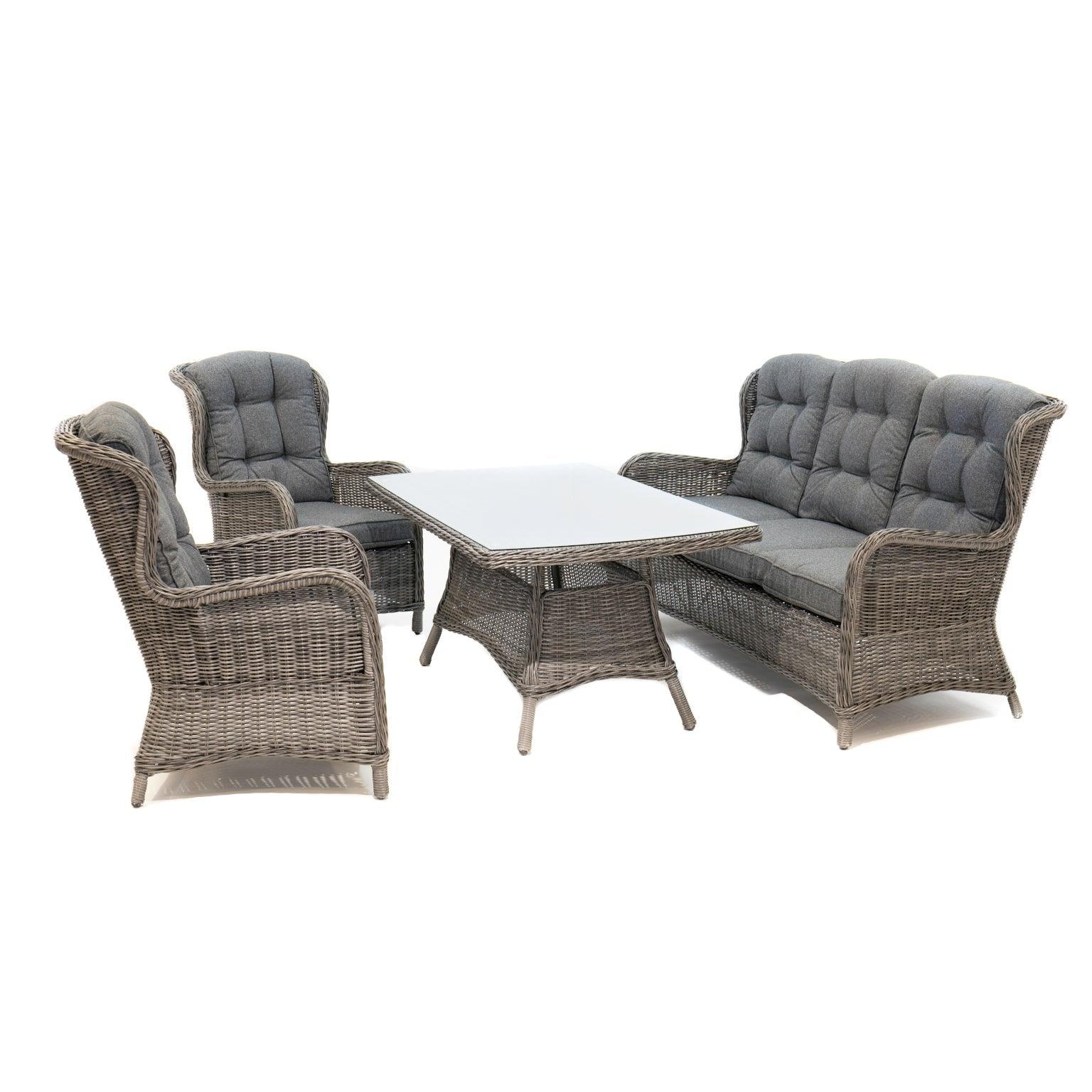 This Rio four Piece Deep Seating Set includes a sofa, two chairs, and a table, all with Driftwood-hued resin wicker and Light Brown cushions for optimum comfort and lasting style.