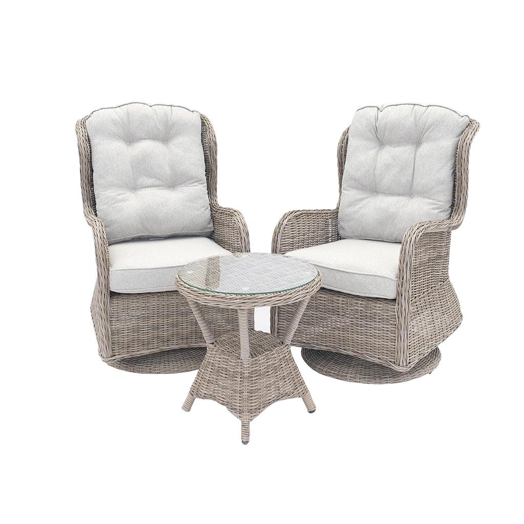 With a rust-free aluminum frame and fade-resistant olefin fabric, this three-piece set is built to last and features comfortable swivel chairs for maximum relaxation. With intertwined resin wicker this set lasts year after year. The chairs measure 34.6in x 26.3in x 40.5i and the table measures 20.4in x 22in.