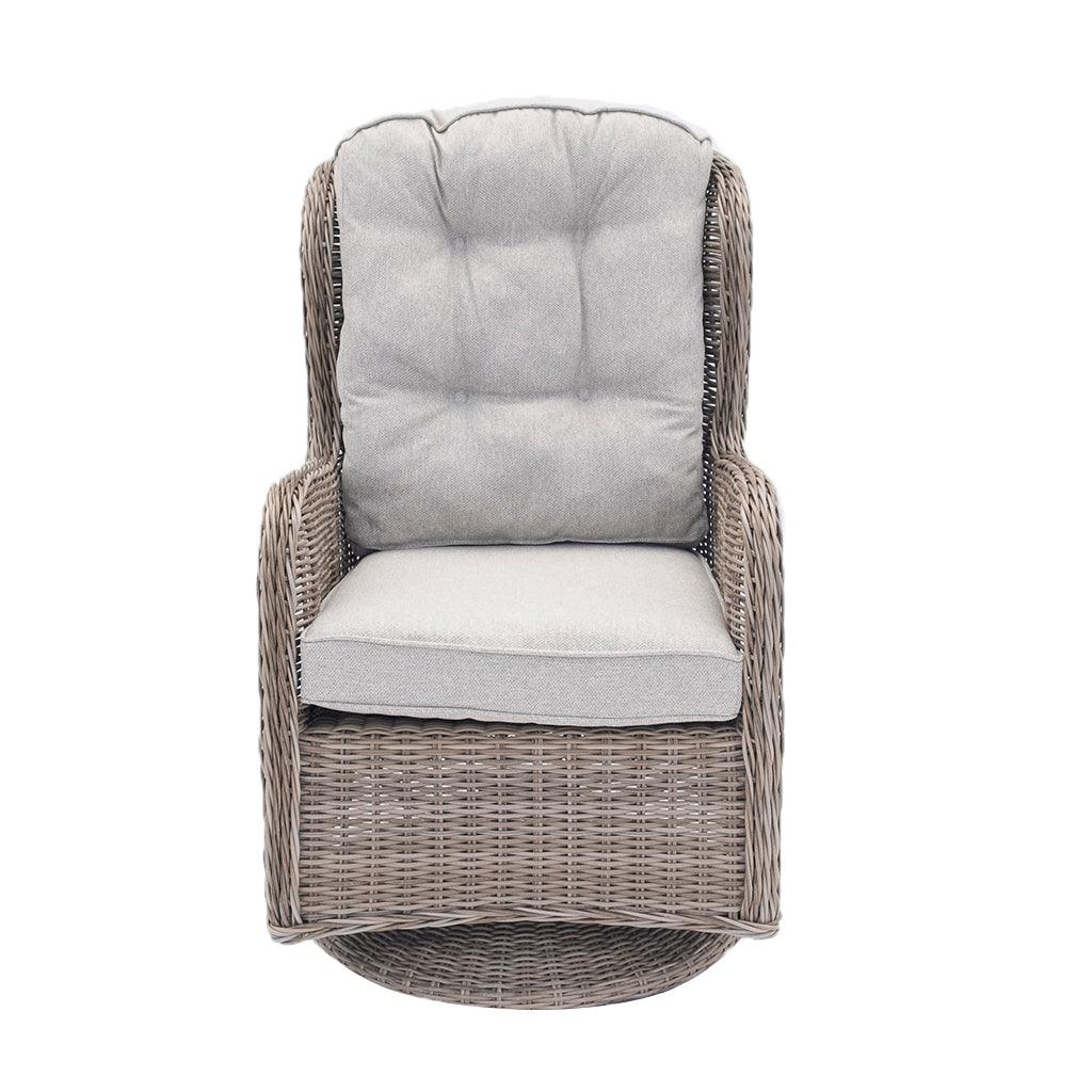 With a rust-free aluminum frame and fade-resistant olefin fabric, this three-piece set is built to last and features comfortable swivel chairs for maximum relaxation. With intertwined resin wicker this set lasts year after year. The chairs measure 34.6in x 26.3in x 40.5i and the table measures 20.4in x 22in.