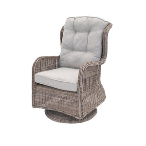 With a rust-free aluminum frame and fade-resistant olefin fabric, this three-piece set is built to last and features comfortable swivel chairs for maximum relaxation. With intertwined resin wicker this set lasts year after year. The chairs measure 34.6in x 26.3in x 40.5i and the table measures 20.4in x 22in.