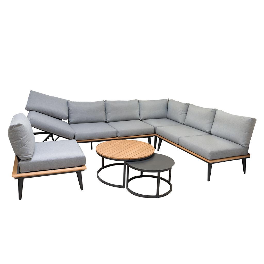 This 5-piece sectional set includes one lounge chair, a three-seat deep couch, a corner deep seat, a two-seat deep loveseat, and a coffee table. With woven, light grey cushions custom-made for deep seating, this set adds a focal point with a teak-looking finish. The chair measures 32.7in x 30.7in x 14.6in, the two-seat 58.7in x 32.7in x 14.6in, the three-seat 86.6in x 32.7in x 14.6in, the corner 32.7in x 32.7in x 14.6in, and the coffee table 24.4in x 24.4in x 14.9in.