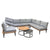 This 5-piece sectional set includes one lounge chair, a three-seat deep couch, a corner deep seat, a two-seat deep loveseat, and a coffee table. With woven, light grey cushions custom-made for deep seating, this set adds a focal point with a teak-looking finish. The chair measures 32.7in x 30.7in x 14.6in, the two-seat 58.7in x 32.7in x 14.6in, the three-seat 86.6in x 32.7in x 14.6in, the corner 32.7in x 32.7in x 14.6in, and the coffee table 24.4in x 24.4in x 14.9in.