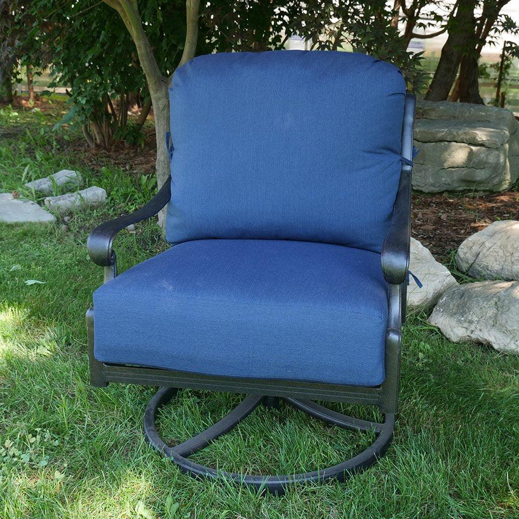 With an aluminum black finished frame and contrasting custom-made Indigo cushions, this chair was built to last and provide stunning comfort. Interwinding features and a swivel bottom creates elegance and functionality. 