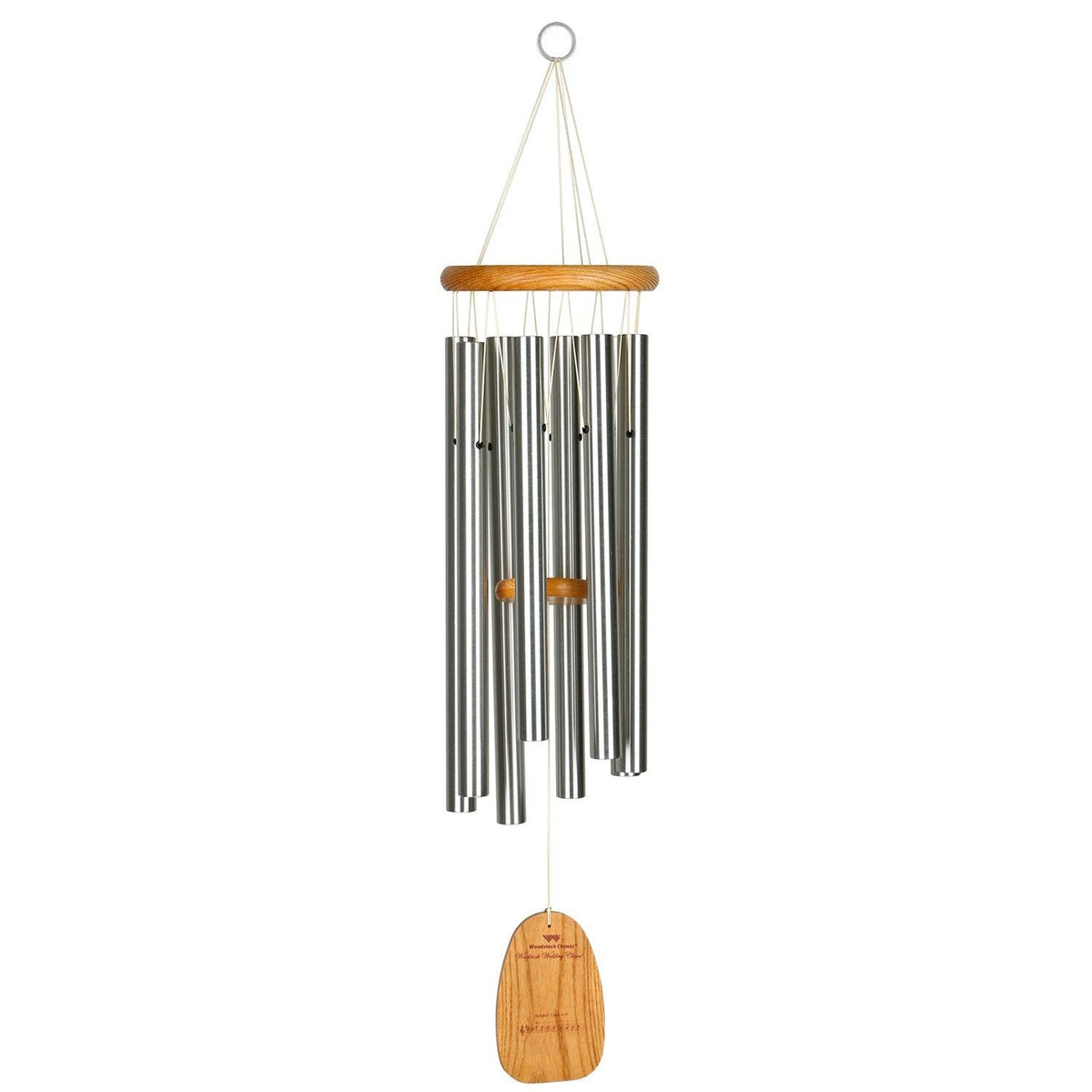 Create a beautiful, harmonious ambiance on your special day with timeless and elegant notes. This wind chime is crafted from high-quality cherry finish ash wood and features eight silver aluminum tubes, producing rich and resonant tones. Measuring at 34 inches in length and 7 inches in diameter, it&#39;s the perfect size to fit in any outdoor space.