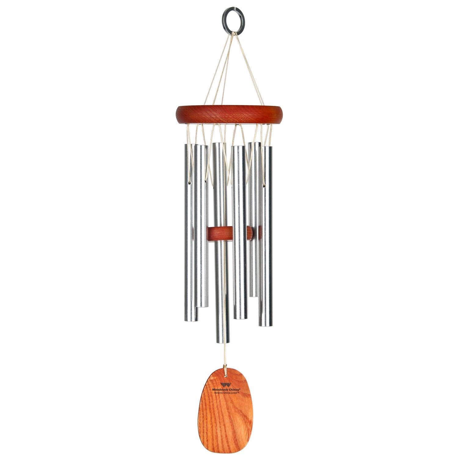 Bring harmony and comfort into your home with this beautiful and durable wind chime. Made with cherry finish ash wood and six silver aluminum tubes. Measures 16 inches in length and 4 inches in diameter.