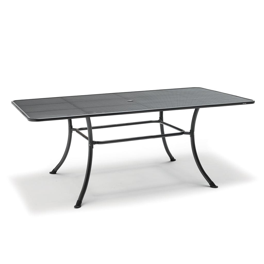 This Kettler Mesh Rectangular dining table adds simplicity with the Basic Plus Arm Chair Gray to create a stunning outdoor living space. Measures 57in L x 35in W x 28in H. 