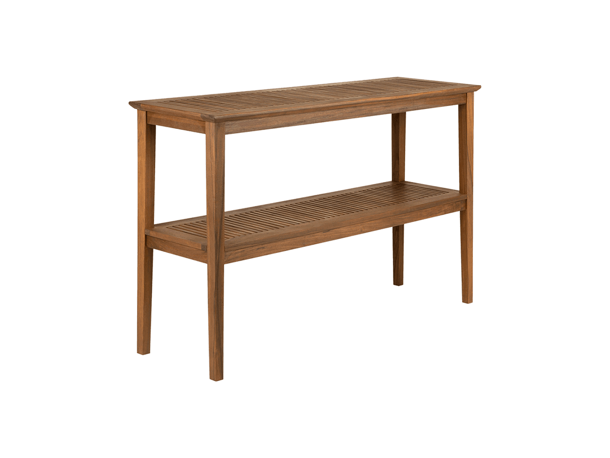 With a timeless design, suited for modernist architecture, this decorative table is a beautiful addition and storage solution. Finished with flawless fine-grain sanding techniques, this refined and pristine table is a sophisticated addition to any outdoor living. Measures 55in L x 17 in W x 34in H. 