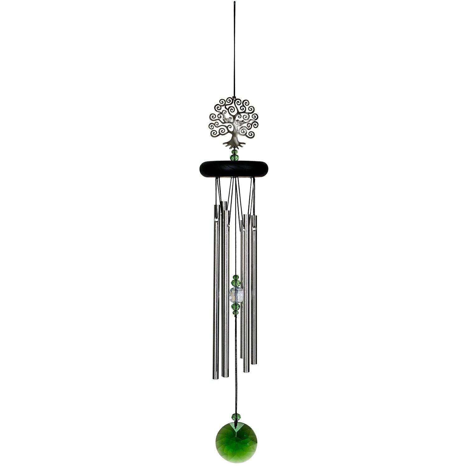 Inviting crystal accents and peaceful sounds create a calming atmosphere for reflection. Crafted from black ash wood with six sturdy silver aluminum rods, measuring 19 inches in length with a 3 inch diameter.