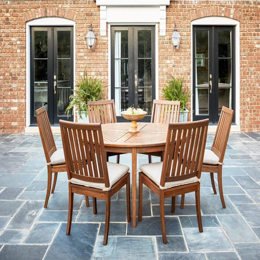 Combining traditional design with durability, this Richmond Collection dining table is a stunning addition to any outdoor living. Gather four to six people around this timeless outdoor piece. Measures 58in D x 29in H. 