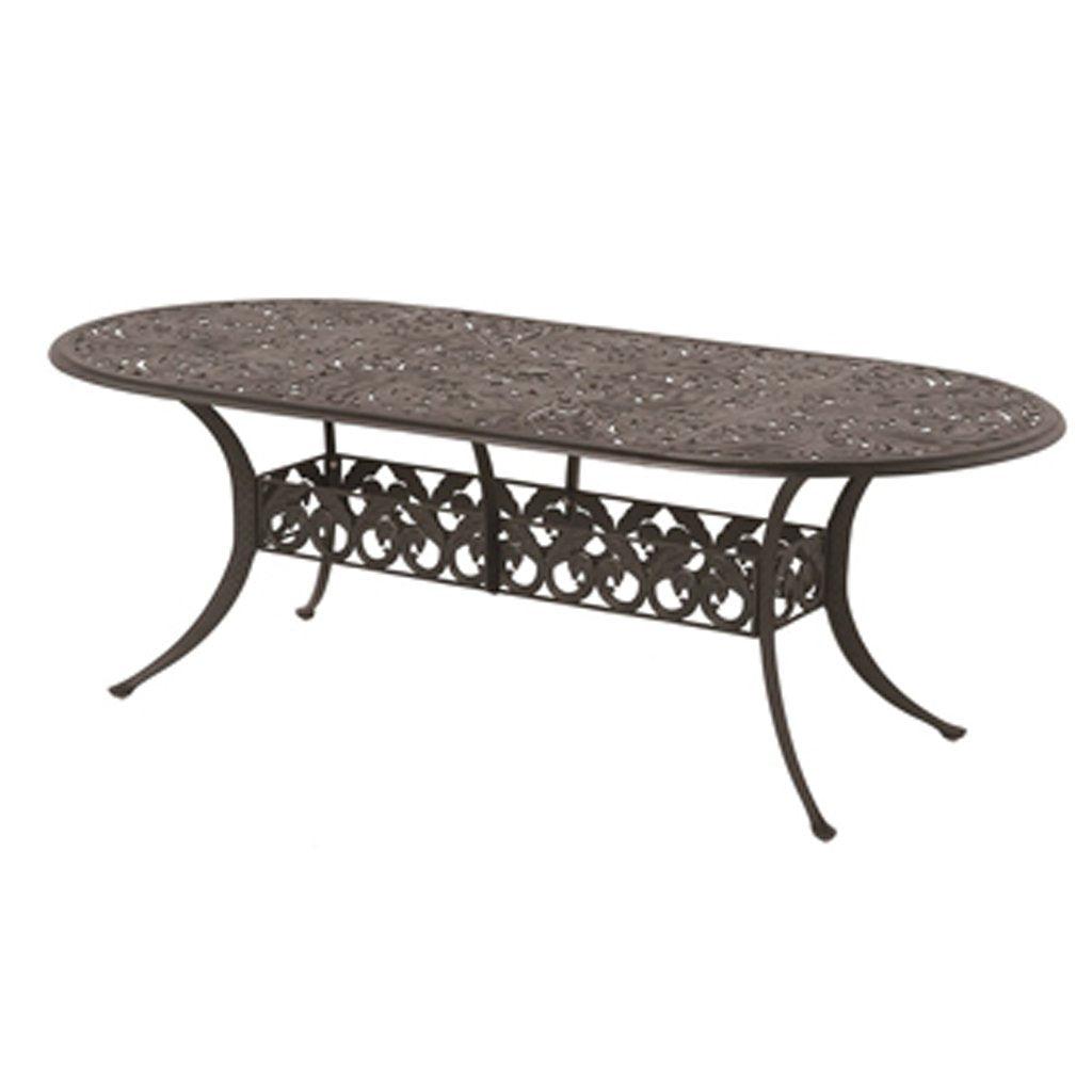 This desert table is a beautiful addition to any outdoor living space while offering additional serving space. This table measures 42in x 84in with an oval design. Wrought iron materials allows this table to last year after year. 
