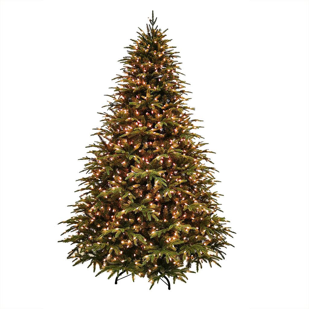 Elevate your holiday décor with the New Greenland Fir Tree, a pre-lit Christmas wonder that stands tall at 7.5 feet with a graceful 61-inch width, making it a stunning centerpiece for your festive celebrations. This tree comes adorned with a dazzling array of 1100 clear mini-lights that cast a warm and inviting glow throughout your space.