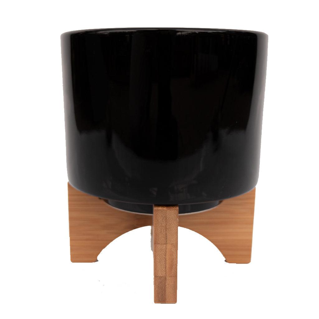 Gwen Short Ceramic Pot 14cm with Wooden Stand Glossy Black